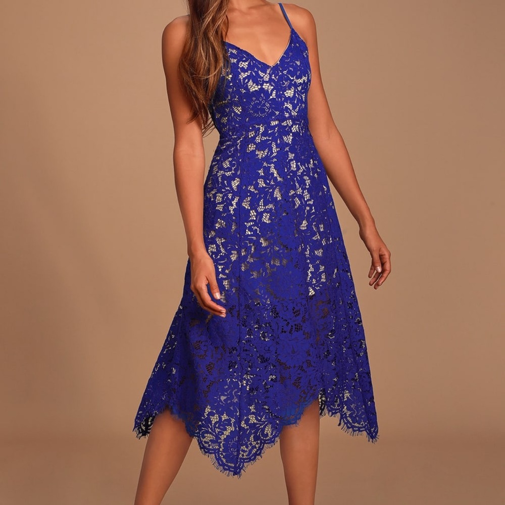 Lulu’s One Wish Royal Blue Lace Midi Dress, Medium, Worn Once, Built in Slip
